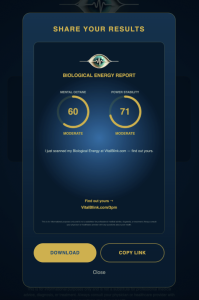 Vital Blink 3pm Brain Speed Scan results showing Mental Octane and Power Stability scores with personalized biological energy report
